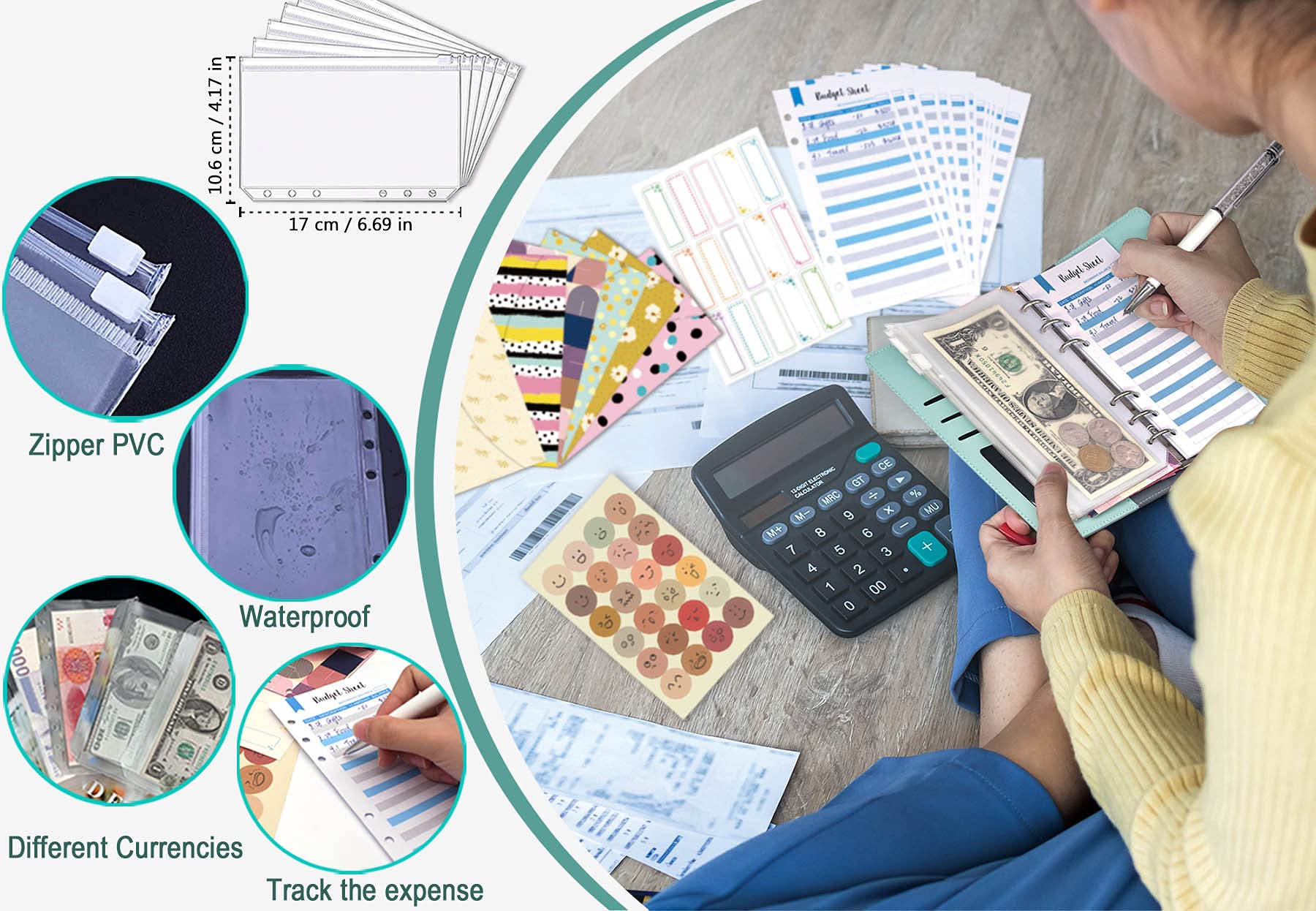 Ginmlyda Enveloppe Budget Planner Francais Cash 6 Pochettes PVC 6 Enveloppes Classeur 12 Tableaux 2 Autocollants Stylos Bleu