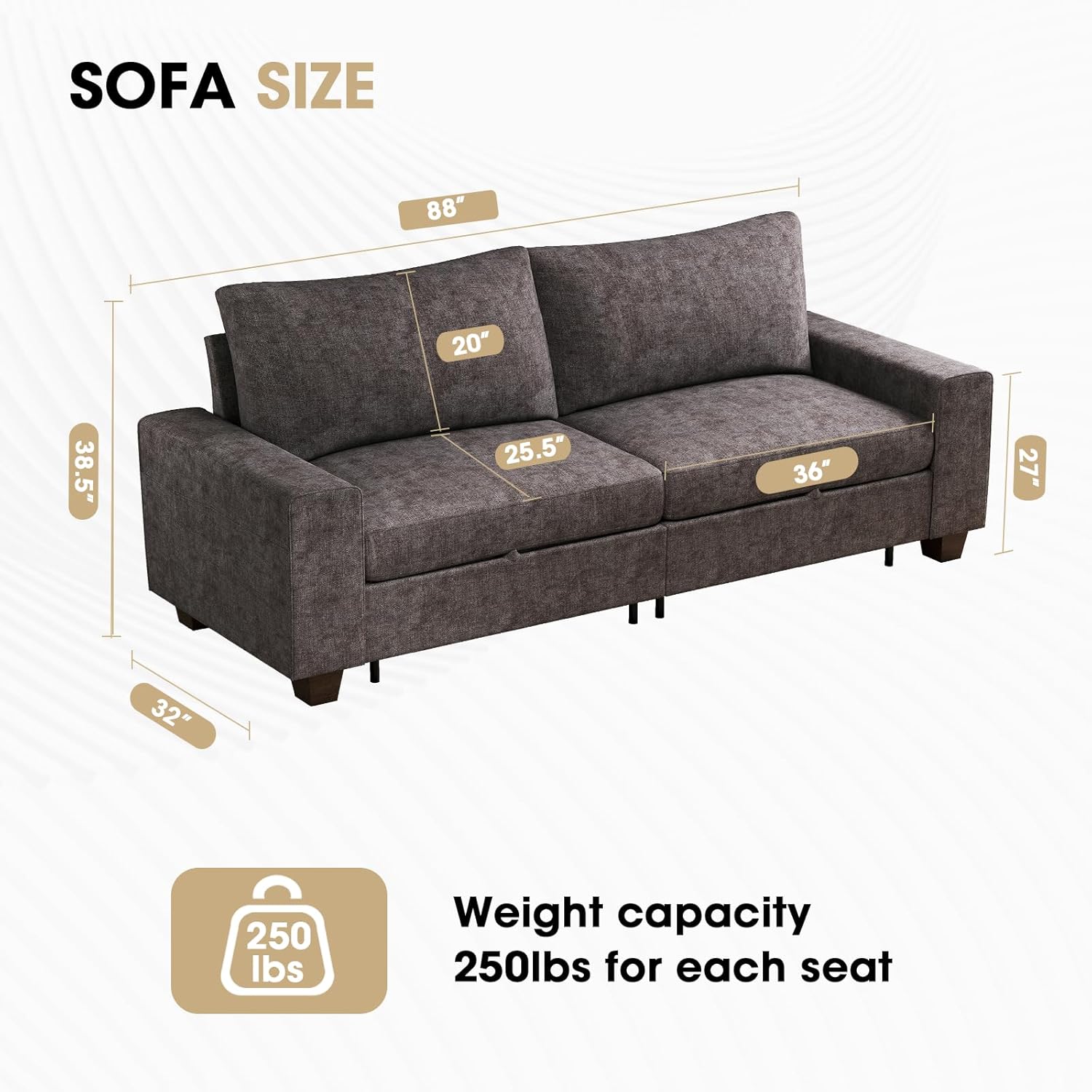 Diagram showing sofa dimensions: 88 inches width, 38.5 inches height, 32 inches depth, 20 inches seat height, 25.5 inches seat depth, and 250 lbs weight capacity per seat.