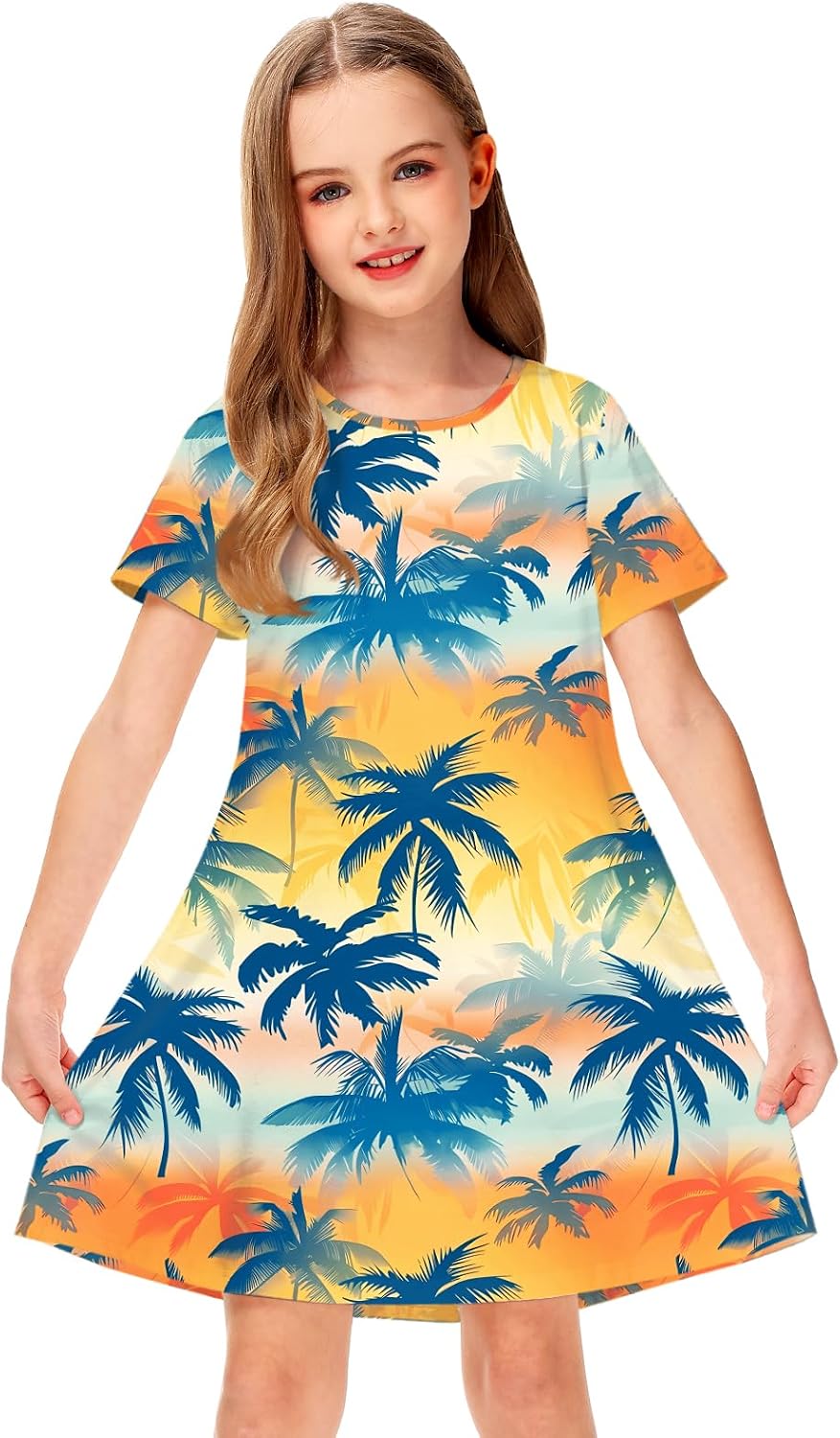 Deerose Kids Summer Short Sleeve Dresses Hawaiian Tshirt Sundress 3-14 Years