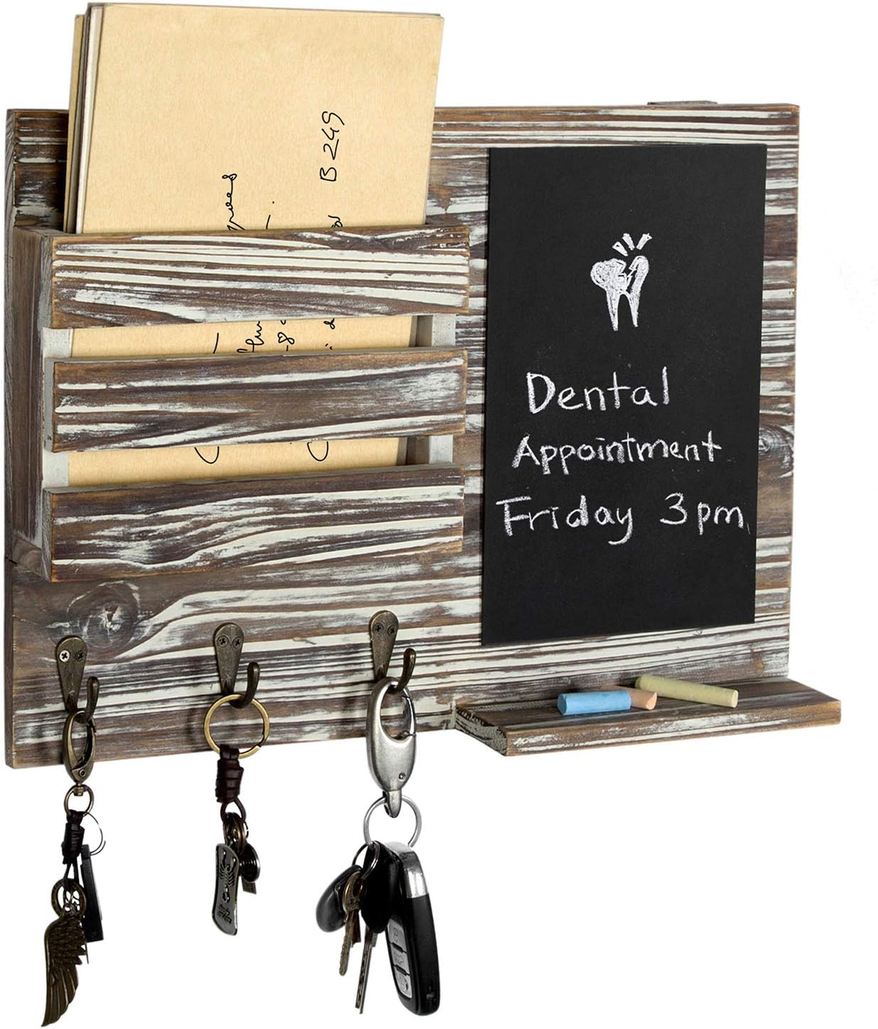 MyGift Torched Wood Wall-Mounted Mail Organizer with Chalkboard & 3 Key Hooks