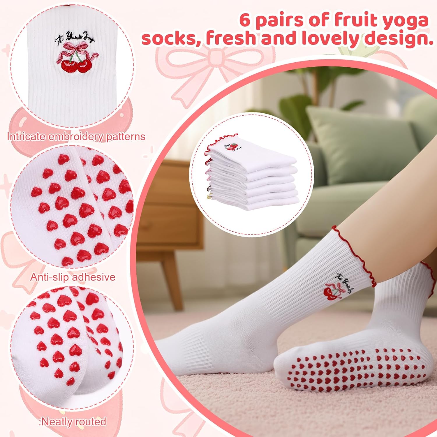 6 Pairs Pilates Grip Socks for Women Ruffle Cuff Frilly Yoga Sock with Grip Cotton Crew Socks for Workout Hospital