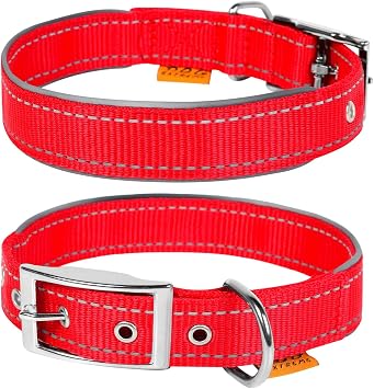 COLLAR Nylon Reflective Dog Adjustable Dog with Metal Buckle - Heavy Duty Small Medium Large Dogs Puppy - Red Blue Black Safety Plus L 18" - 22" Neck, Red