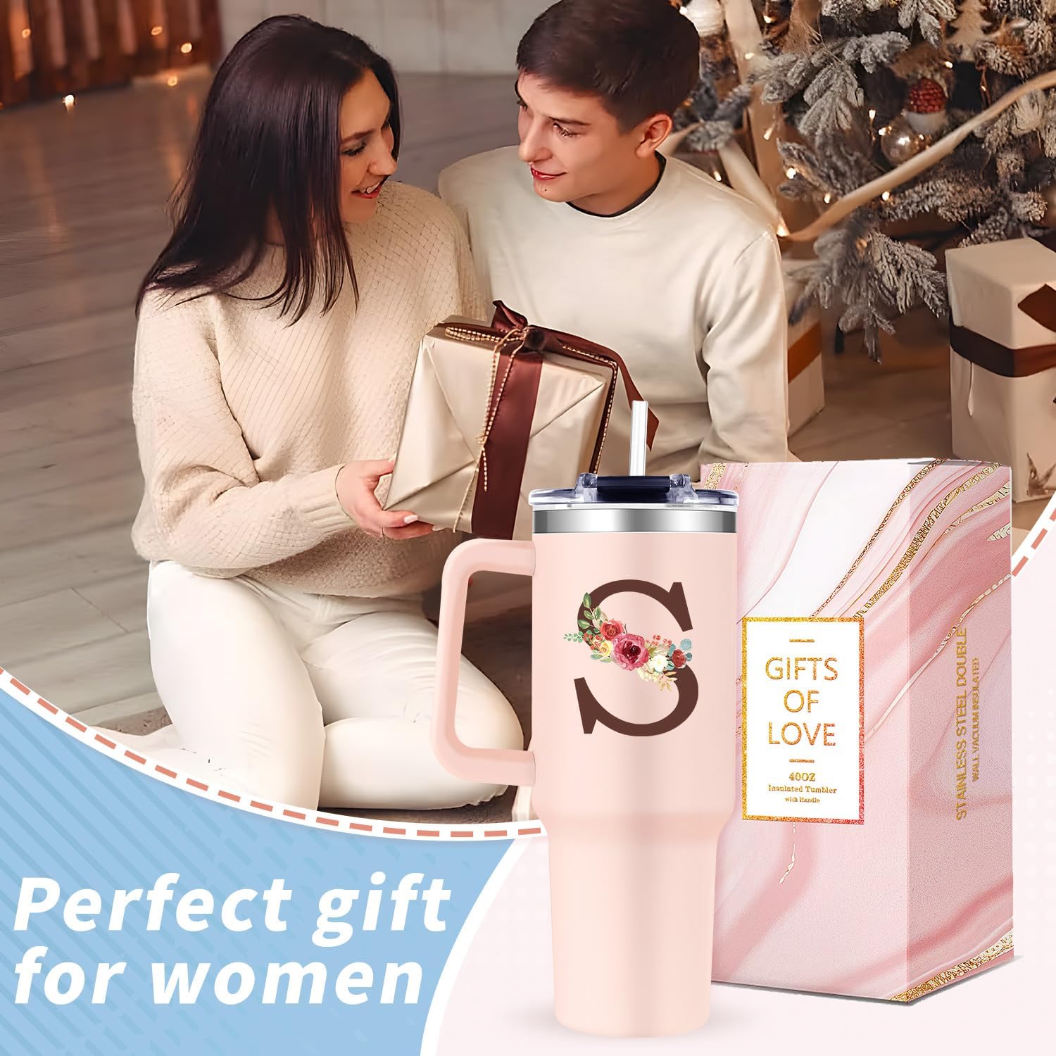 Monogrammed 40oz Tumbler with Handle for Women, Personalized Birthday Gifts for Women,Initial Cups for Woman Floral Letter S,Customized Gifts for Female Lady Gift for Mothers Day Christmas - Image 7