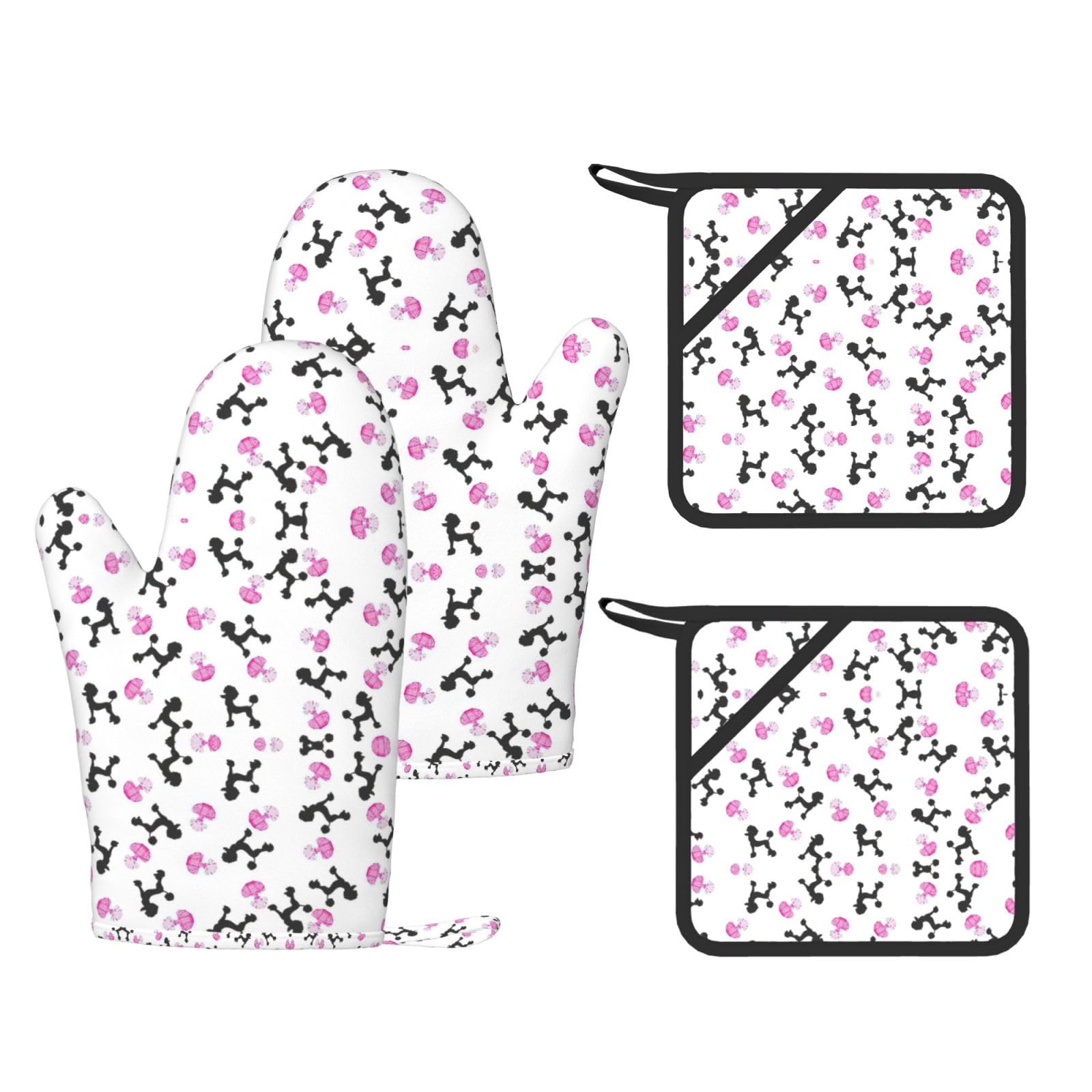 girly pink perfume bottle and poodle Printed Oven Gloves and Hot Pads Set of 4, High Heat Resistant Silicone Mitts for Cooking BBQ