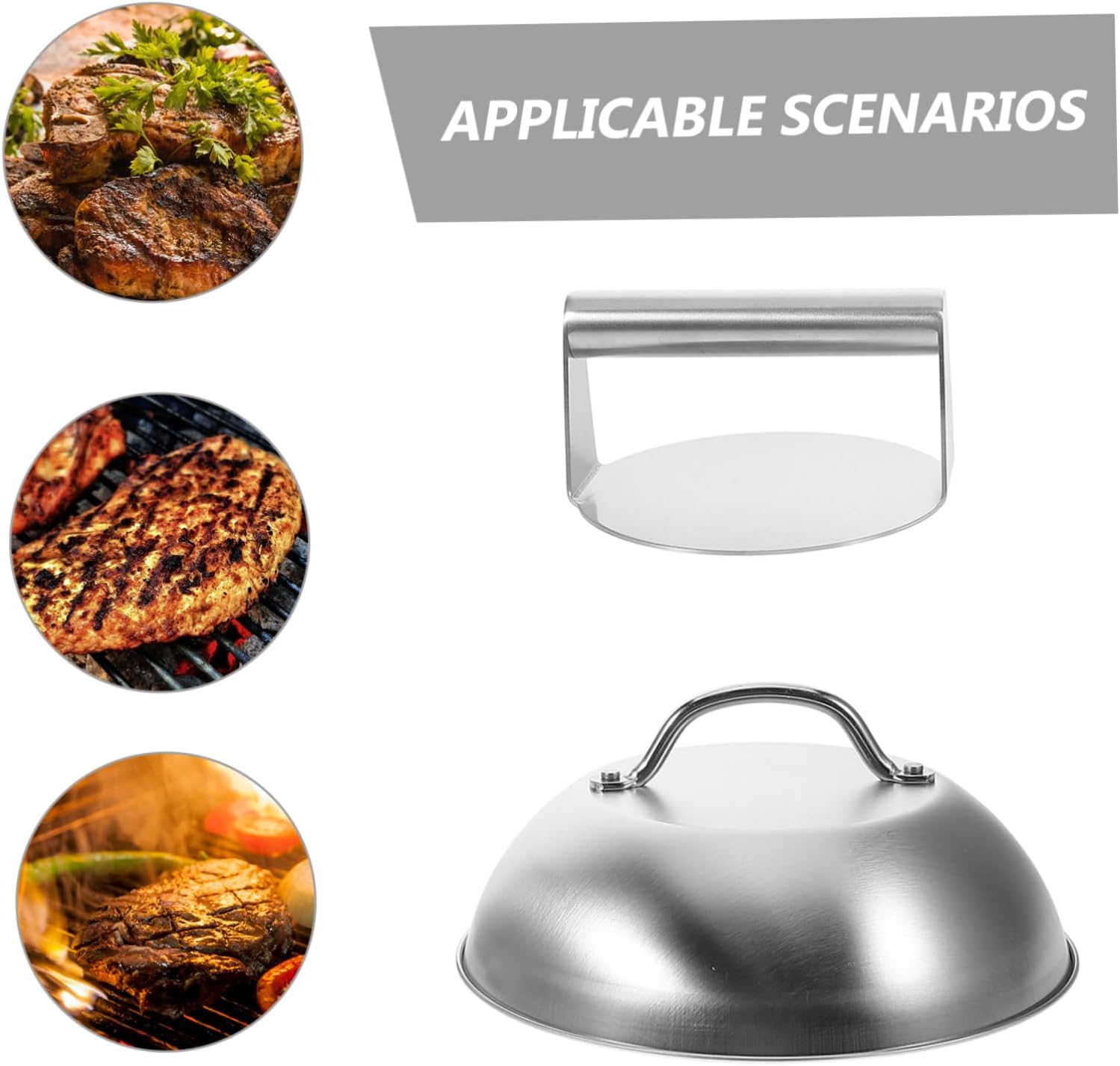 1Set Heavy Duty Stainless Steel Burger Press and Basting Cover for Flat Top Grill BBQ for Smashed Burgers and Cheese Melting Griddle Accessories Kit for Indoor