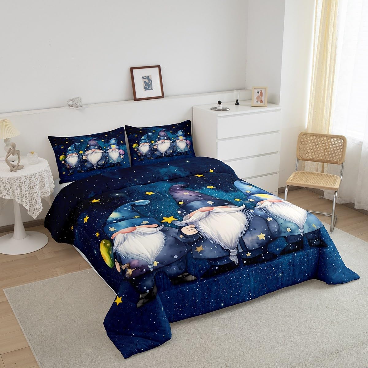 Castle Fairy Galaxy Gnome Full Size Comforter Set,Starry Sky Bedding Set for Adults Teens,Children Stars Moon Comforter Luxury Outer Space Quilt Set Room Decor 3Pcs