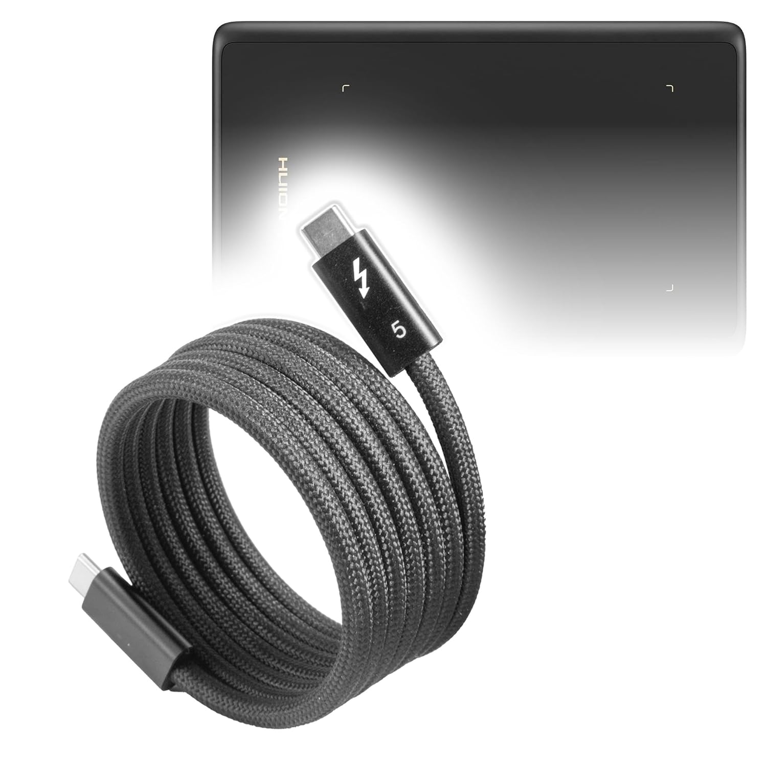 BoxWave Cable Compatible with Huion Inspiroy H420X - SnapWrap Thunderbolt 5.0 Cable (5ft 240W), Magnetic Self-Coiling Nylon Braided Retractable - Jet Black