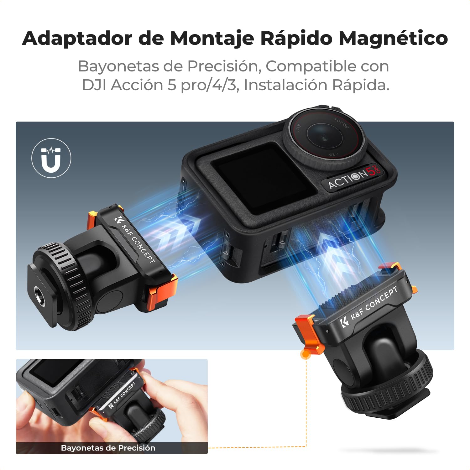 K&F Concept Soporte Adaptador Magnético con Zapata Fría para dji Osmo 360, Action 5 Pro, Adaptador Soporte de Expansión con Zapata Fría, Rosca 1/4" Compatible con dji Osmo 360, Action 5 Pro/4/3