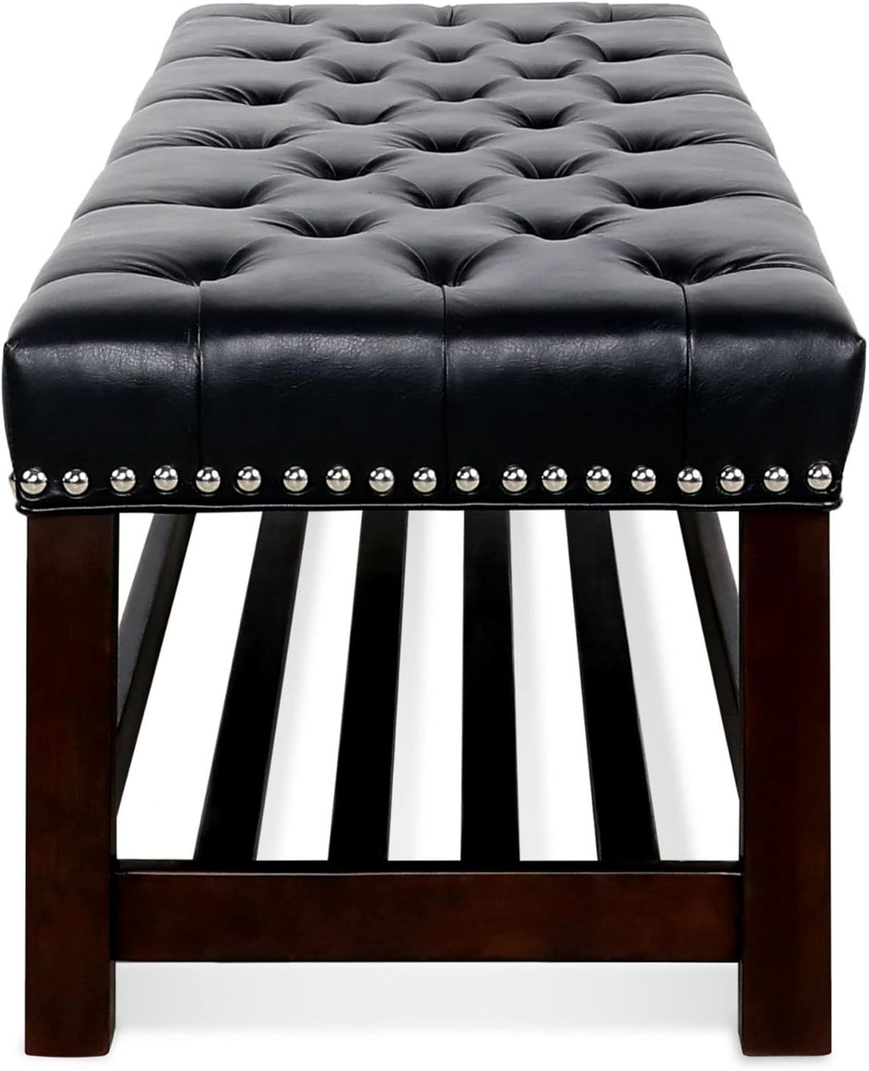 Faux Leather Bench, Button Tufted Entryway Bench with Storage, 60" (Black + Wooden Base)
