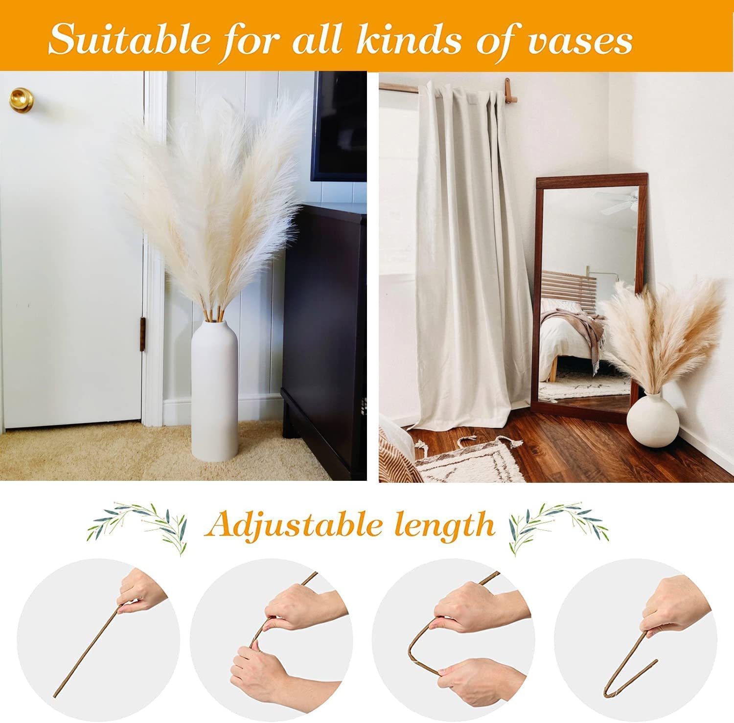 Artificial Pampas Grass 7 Stems Height-40inch/100cm Tall Large Pampas Grass Vase Fake pampas grass Dried Flowers Decor For Home Wedding Flower Decor Artificial Flowers (White) - Image 3