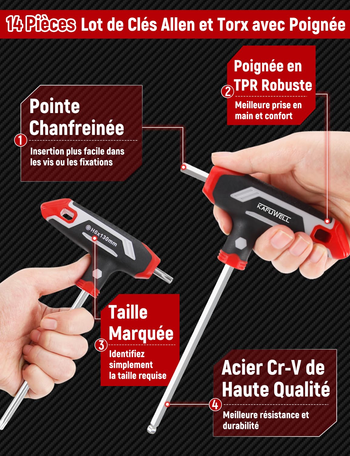14 pièces Lot de clés Allen et Torx avec poignée en T, Hexagonales métriques H2-H10, Clés Torx TX10-TX50, pour bricolage, réparations domestiques, voiture, vélo, avec support de rangement