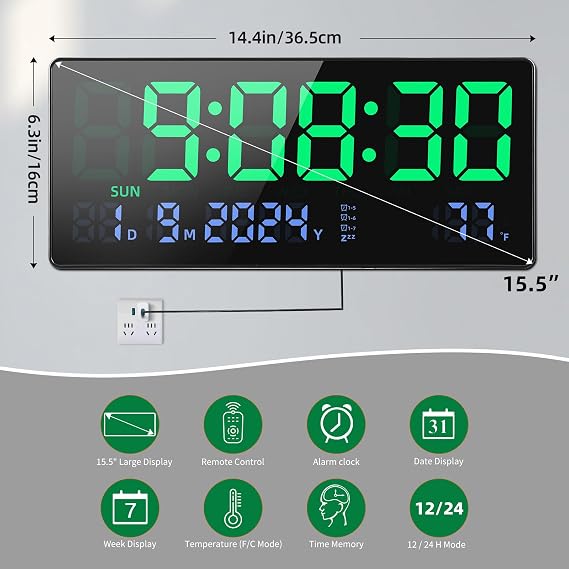Fuloon Digital Wall Clock, 15.5 inch Large Display with Remote Control