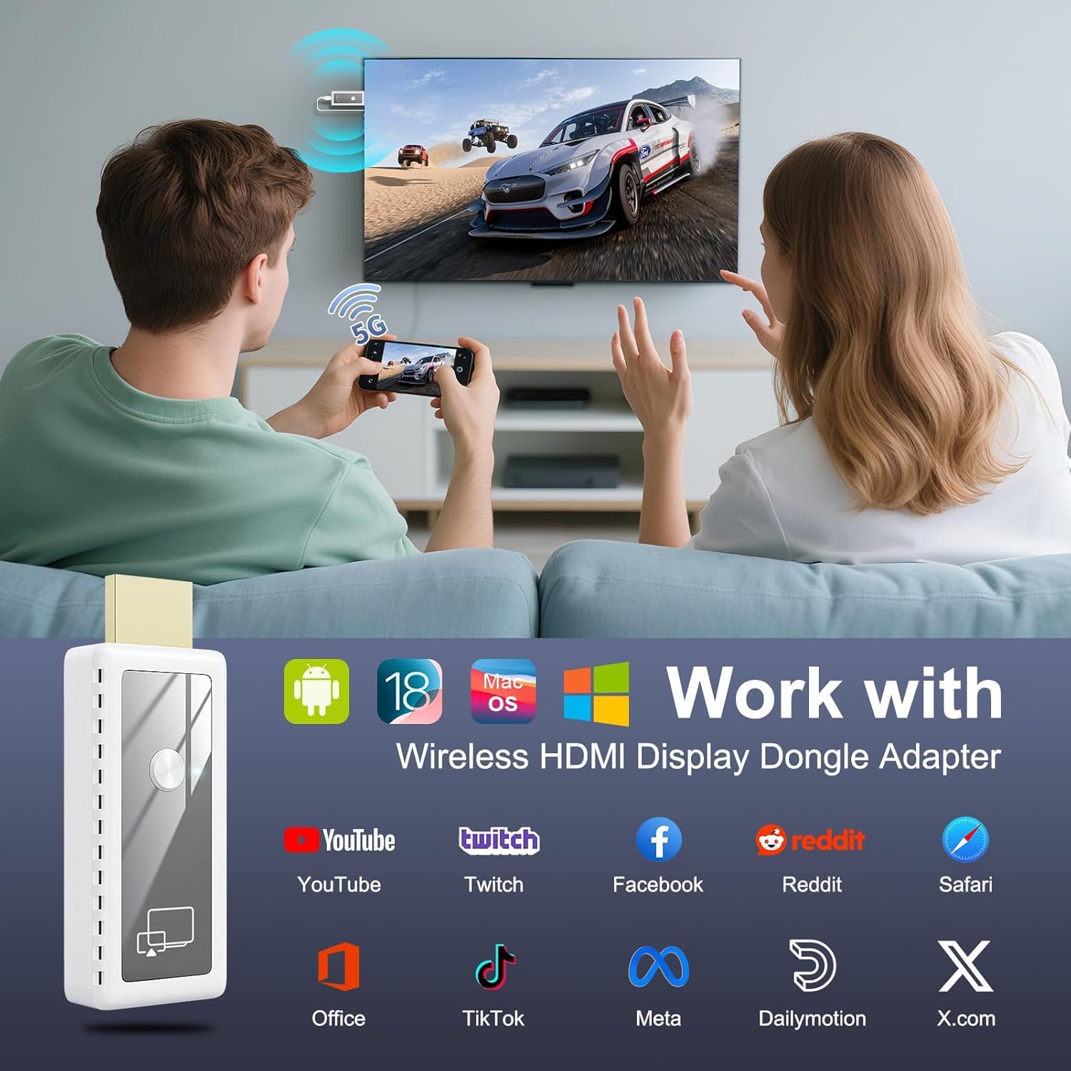 Quanlex 1080P Wireless HDMI Display Adapter, 2.4G & 5G Wireless HDMI Screen Mirroring Adapter Extender de Smartphone/Laptop vers HDTV/Monitor/Projector, WiFi Display Dongle Support AirPlay/Miracast