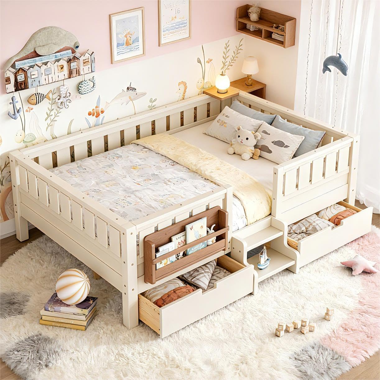 Bellemave Full Size Bed Frame with Storage Drawers & Bookshelf, Low Profile Kids Bed with Staircase & Full Length Guardrails, Solid Wood Full Size Bed Frame Kids with Slats Load 450 LBS, Beige