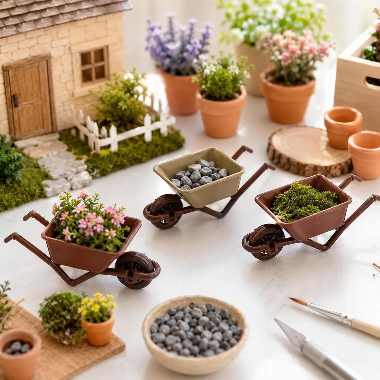 LOGOFUN 8Pcs Miniature Dollhosue Wheelbarrow Model Green+Brown