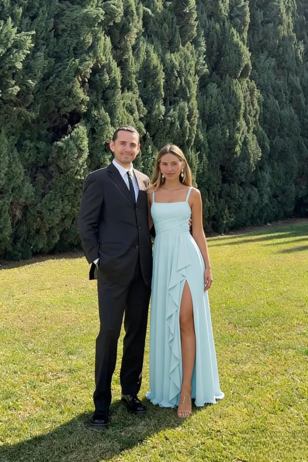 Square Neck Ruffle Bridesmaid Dresses for Women with Slit Pleated Chiffon Empire Waist Formal Evening Prom Gowns