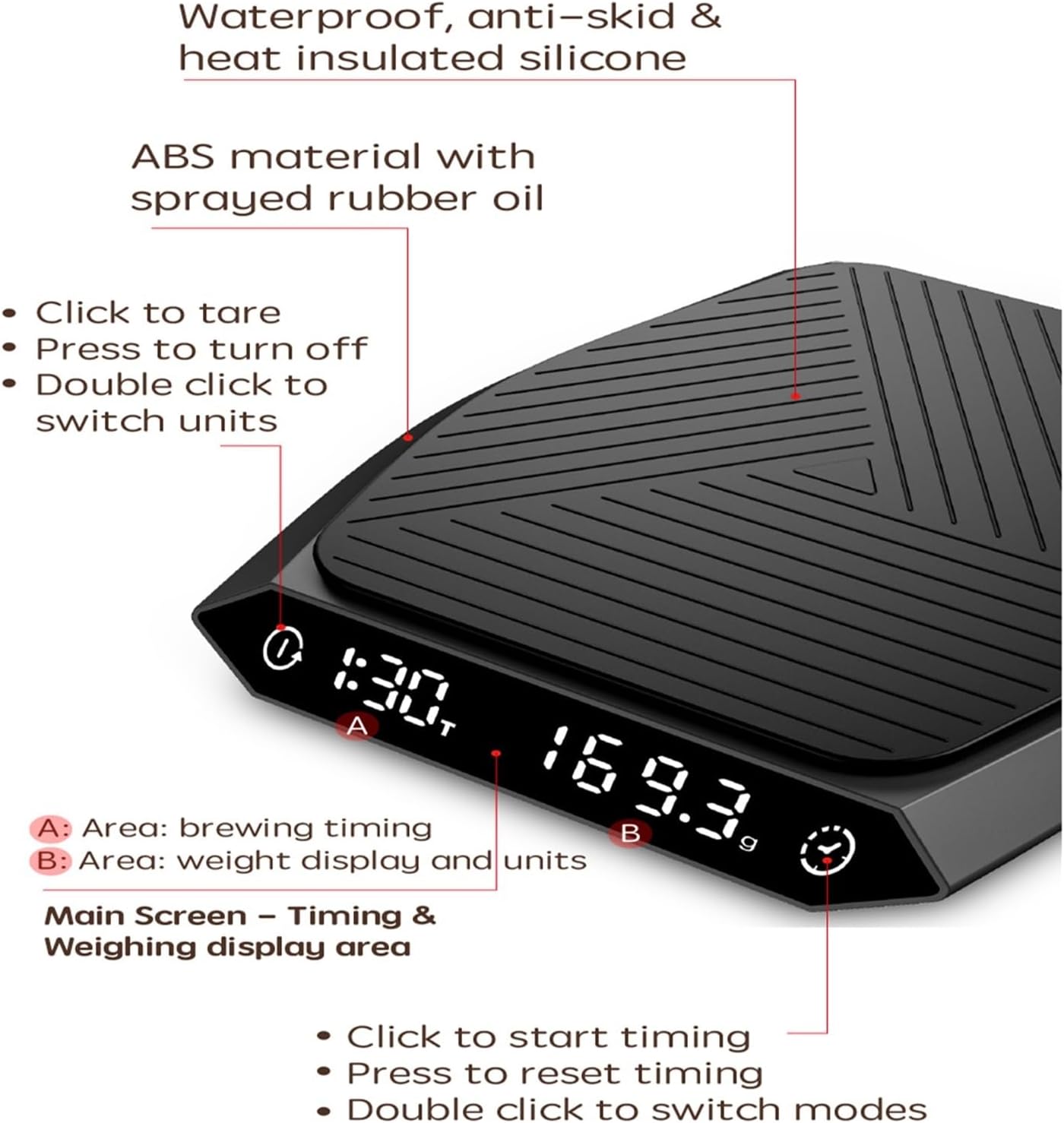 2kg/0.1G Digital Timing Coffee Scale Precision Kitchen Tool Accessories Electronic Balance Measuring Weighing Type-C(Black)