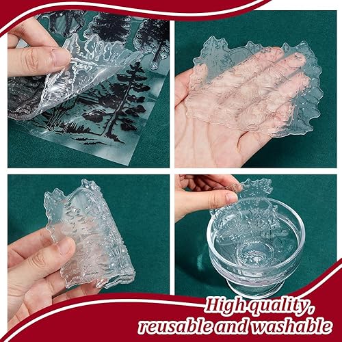 Miniatura 2 de INFUNLY Sello de silicona transparente con diseño de ciervos y bosques de Navidad, diseño de copo de nieve, árbol de montaña, sello de fondo de