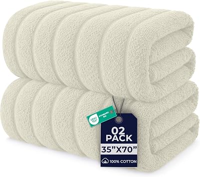 DAN RIVER Pack of 2 Bath Sheet 35x70 Inches, Extra Large Ribbed Quick Dry Bath Towels, Hotel Collection Towels for Adults - Ivory