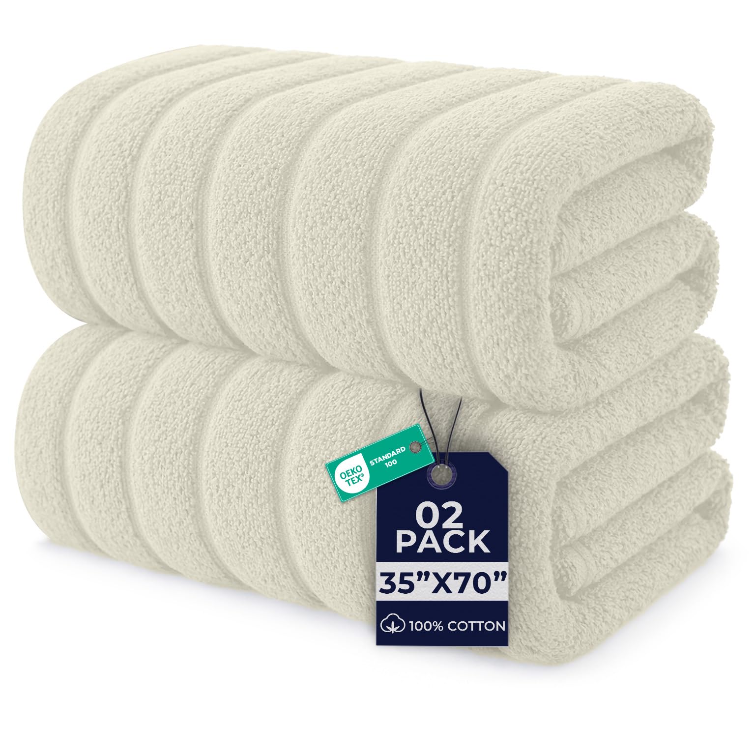 DAN RIVER Ribbed Extra Large Bath Sheets Pack of 2, 35 x 70 Inches, Ivory