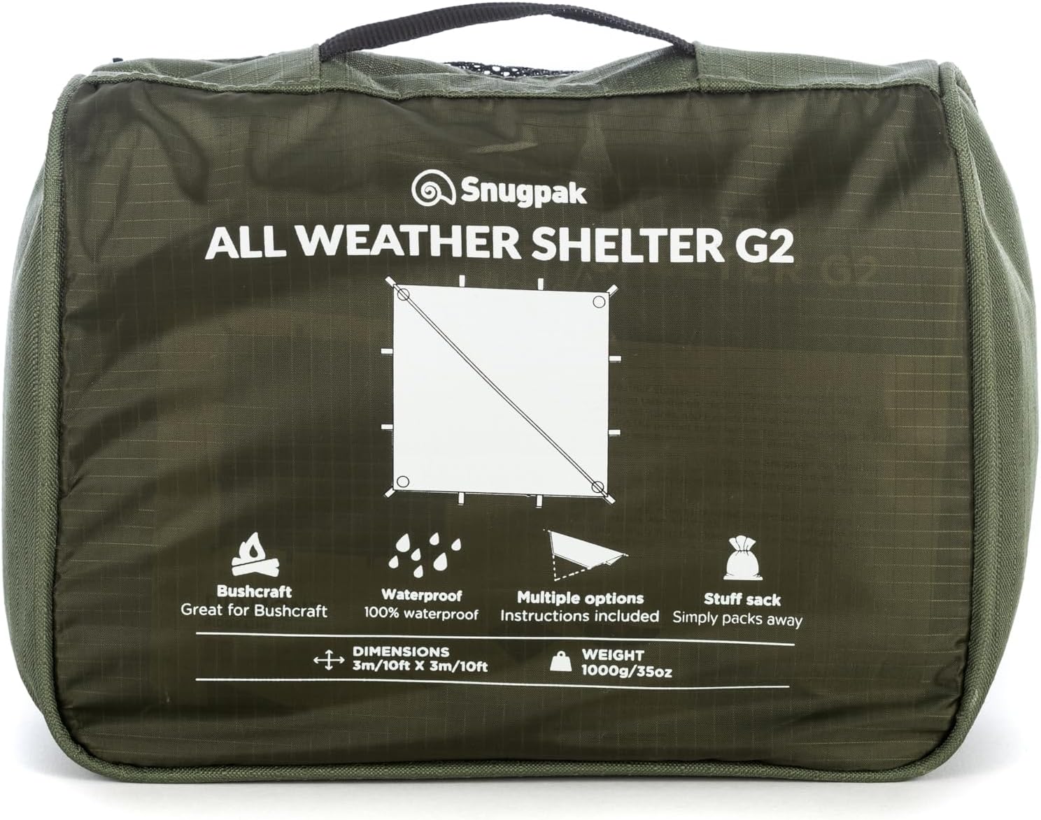 Snugpak All-Weather Shelter G2 WGTE - 3x3m Tarp & Emergency Shelter - 100% Waterproof Camping Tarp with UV30 Protection - Tent Tarp For Bushcraft & Camping - With Guy-Lines & Alloy Tent Pegs (Olive)