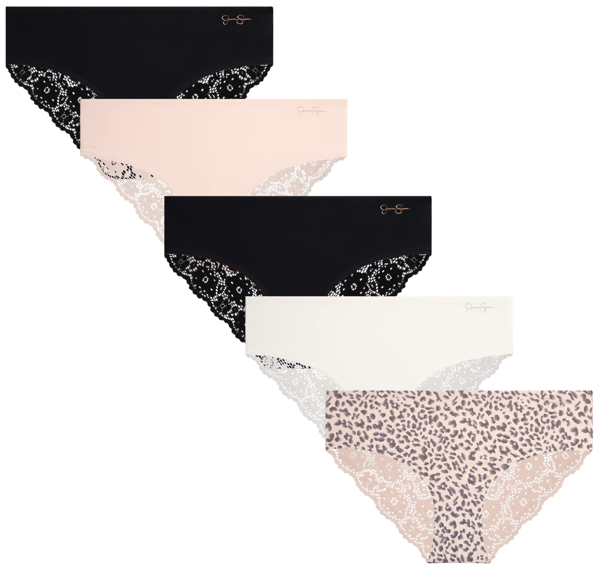 Jessica SimpsonWomen's Underwear - Seamless Hipster Briefs (5 Pack), Size Medium, Black/Gardenia/Pearl Blush/Black/Textured Animal Pearl Blush