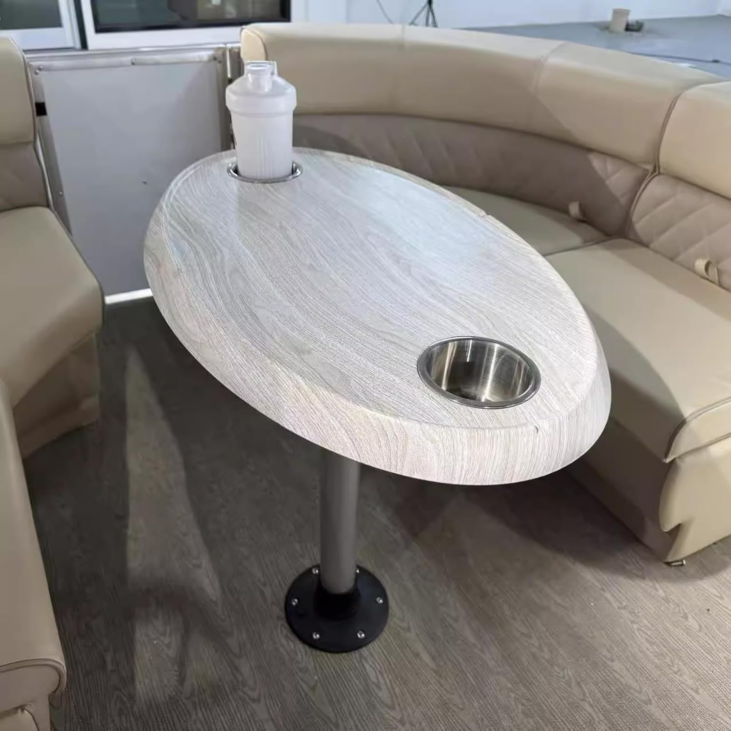 Foldable RV Table, Rv Table Legs and Bases - Oval Boat Tables, Pontoon Boat Acc, Extra-Large Removable Tables, Built-in Cup Holders, for Patio Yacht Caravan Room(White)