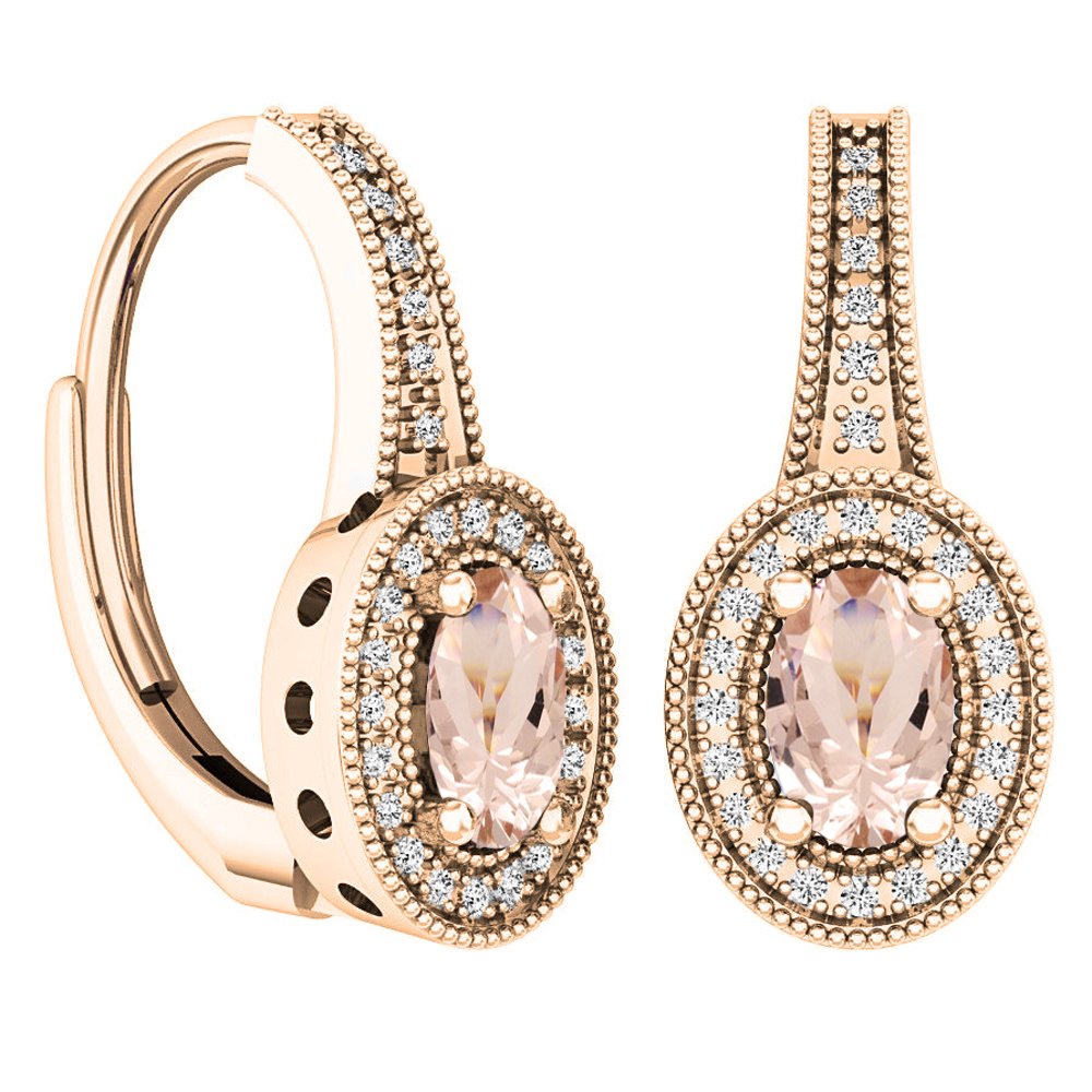 Dazzlingrock Collection 6X4 MM Each Oval Cut Morganite & Round Cut Diamond Women Dangling Earrings, 10K Solid Rose Gold