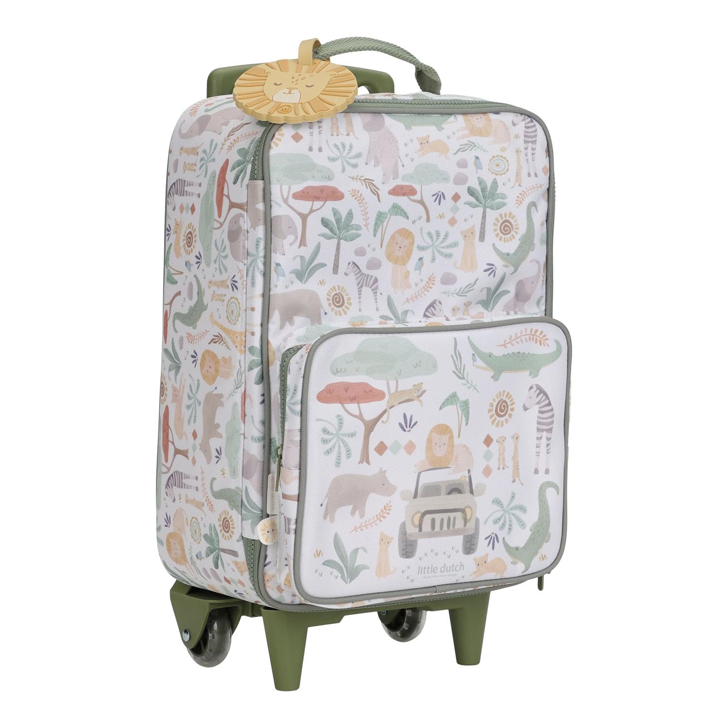 Little Dutch Kinderkoffer - Trolley - Reisekoffer - mit Teleskopstange und Rollen - Handgepäck - für Kinder Jungen und Mädchen - Unisex - Safari Friends - grün/weiß