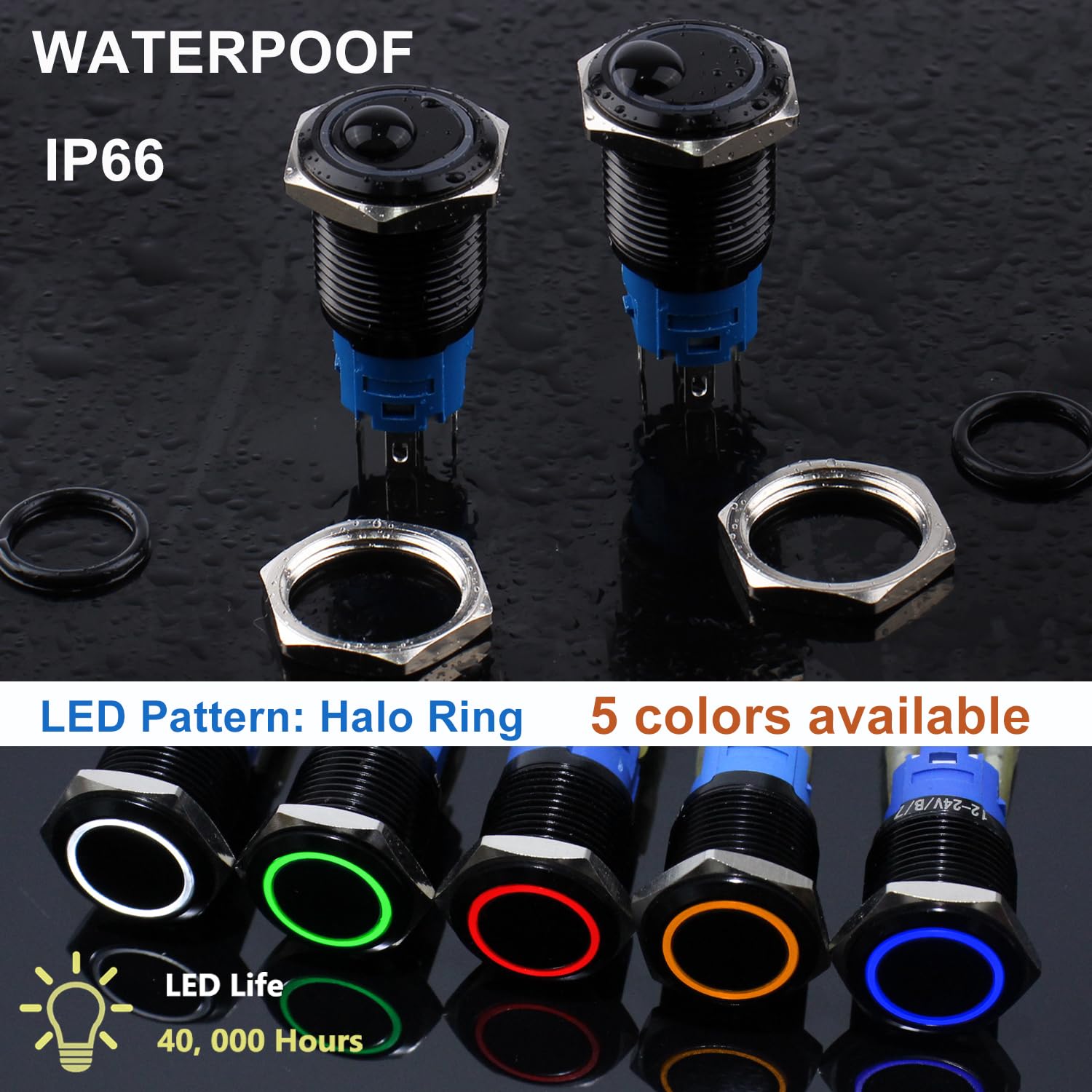 2PCS 19mm Latching Push Button Switch White Halo Ring Led 12V-24V Self Locking 1NO 1NC Waterproof ON/Off Black Metal Button with Wire Socket Plug for 3/4’’ Mounting Hole IP66