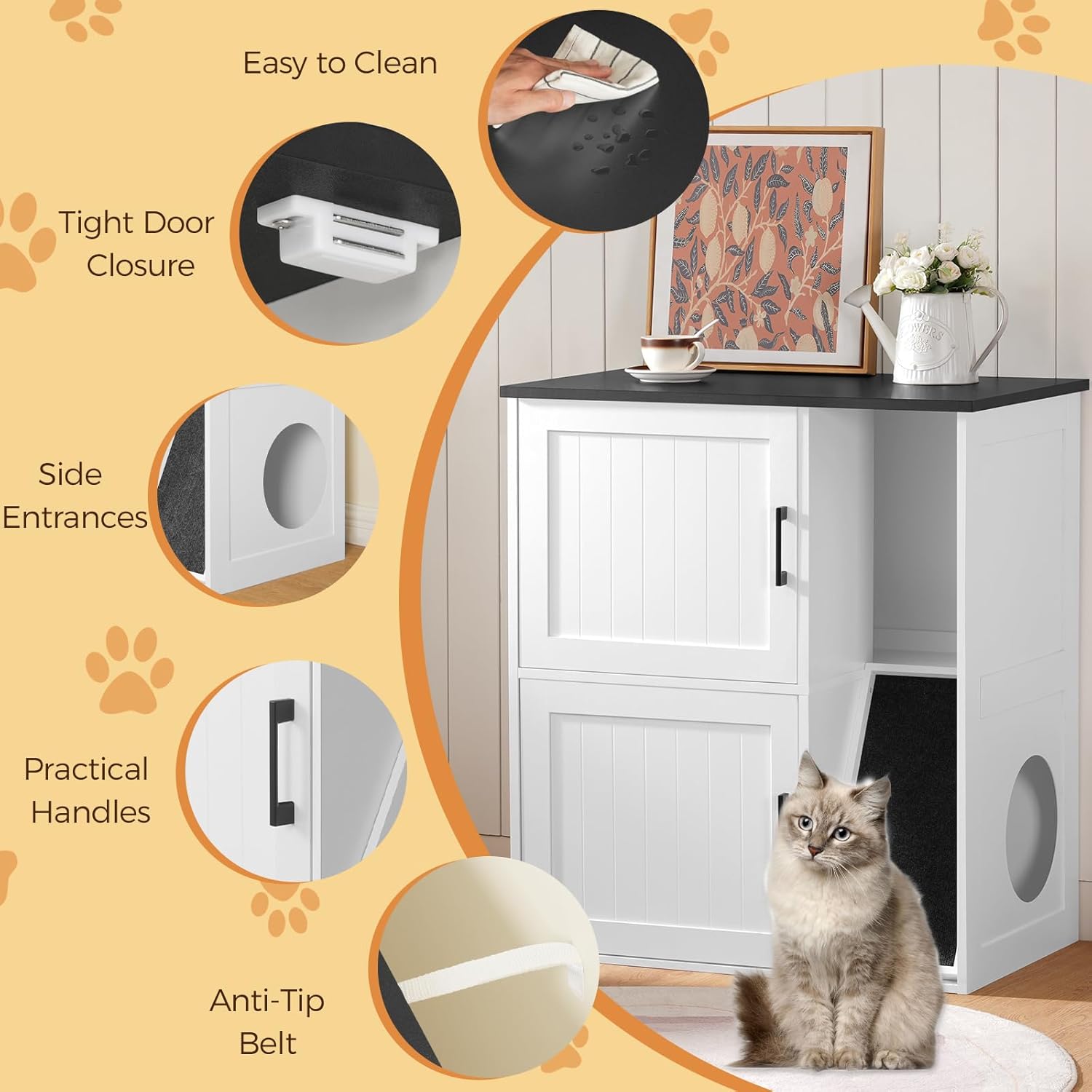 Litter Box Enclosure for 2 Cats, Hidden Litter Box Furniture with Scratch Pad, Double Litter Boxes Enclosure, Wooden Cat Washroom, Indoor Cat House End Table, White and Black CWBB3201