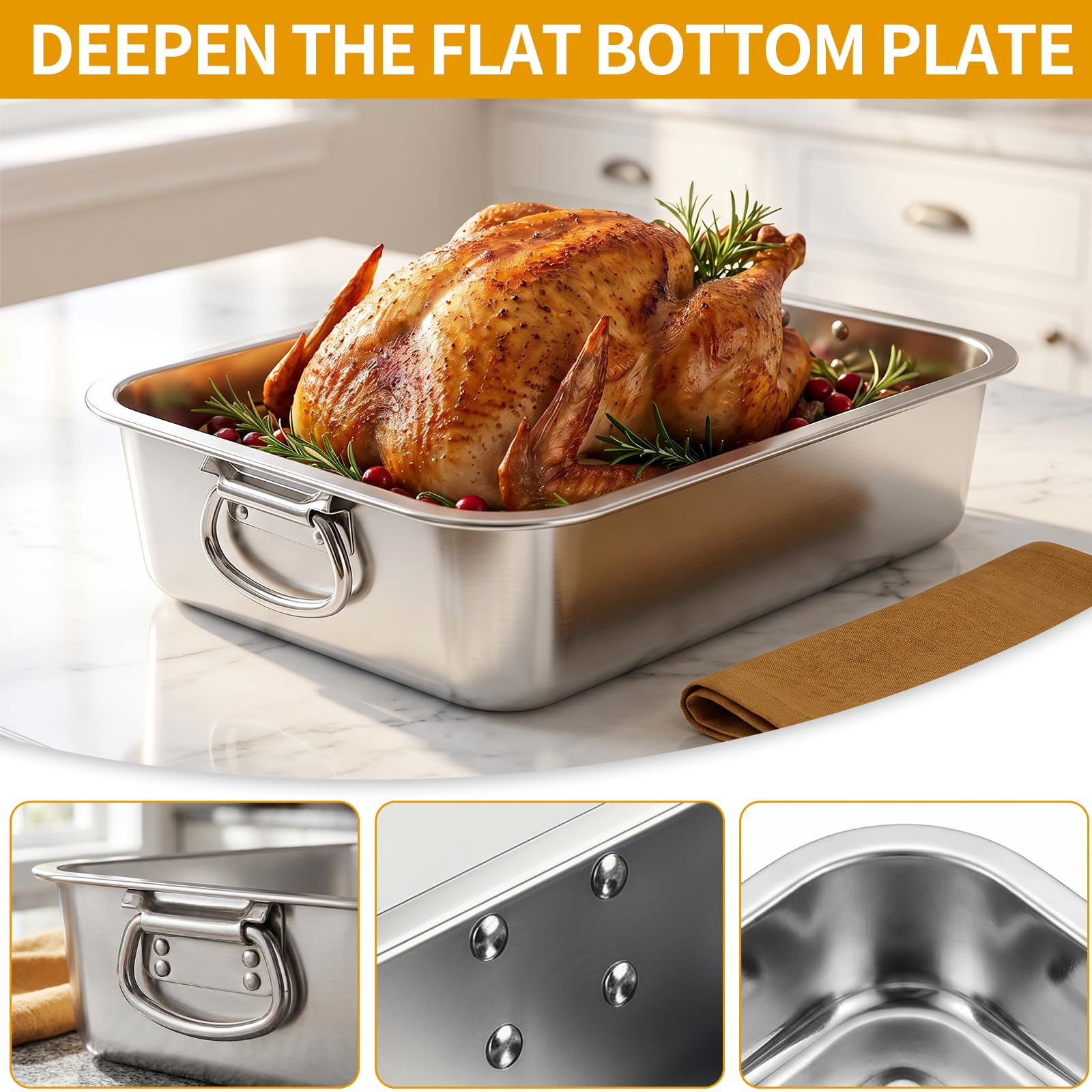 2 teglie da forno profonde in acciaio inox, 40 x 30 x 7 cm, rettangolare, con manici mobili, per cucinare carne, lasagne, tacchino