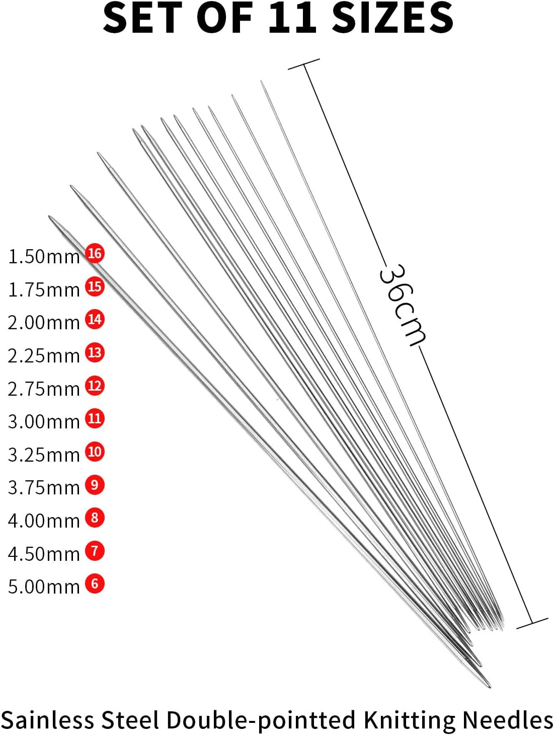 Double Pointed Weaving Needles Knitting Needles Set, 44Pcs Stainless Steel Knitting Tools 11 Sizes 14.2" 36CM