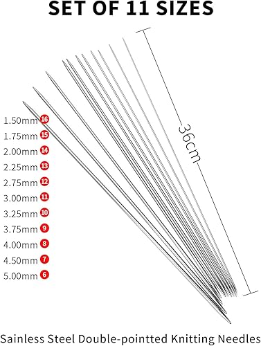 Miniatura 2 de Hicello Juego de agujas de tejer de doble punta, 44 piezas, herramientas de tejer de acero inoxidable, 11 tamaños, 14.2 pulgadas, 14.2 in
