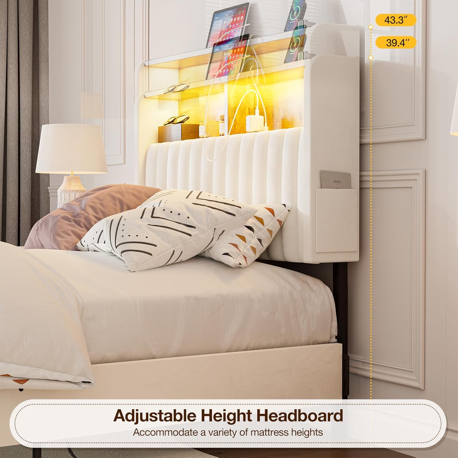 IKIFLY Twin/Twin XL Size Headboard Only with Storage, Adjustable Height, Velvet Upholstered Head Board with LED Lights & Charging Station, Modern Freestanding Headboard, Easy Assembly, White