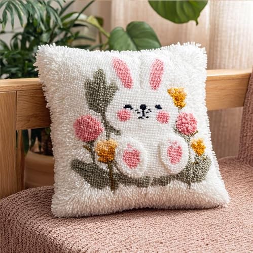 Taxpy Latch Hook Kits for Adults Beginners,Rabbit Pre-Printed Latch Hook Pillow Kit,Craft Rug Making Kits,DIY Embroidery Cushion for Home Sofa Decor & Gift Idea 17X17 in.