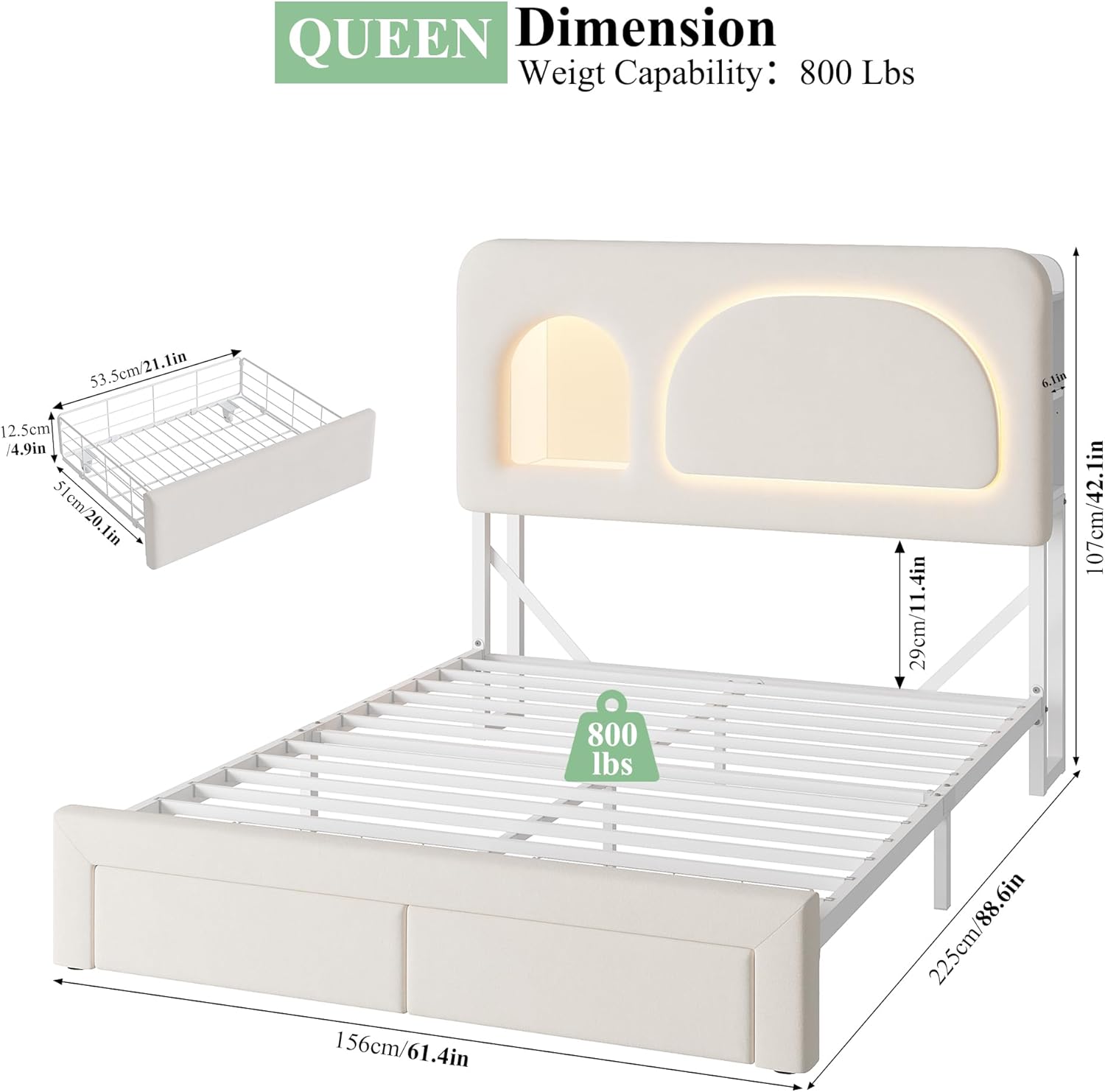 Keyluv Queen Size Smart LED Bed Frame with Storage Bookcase Headboard & Charging Station Velvet Upholstered Platform Bed with 2 Drawers & USB Ports, Sturdy Metal Support, No Box Spring Required, Beige