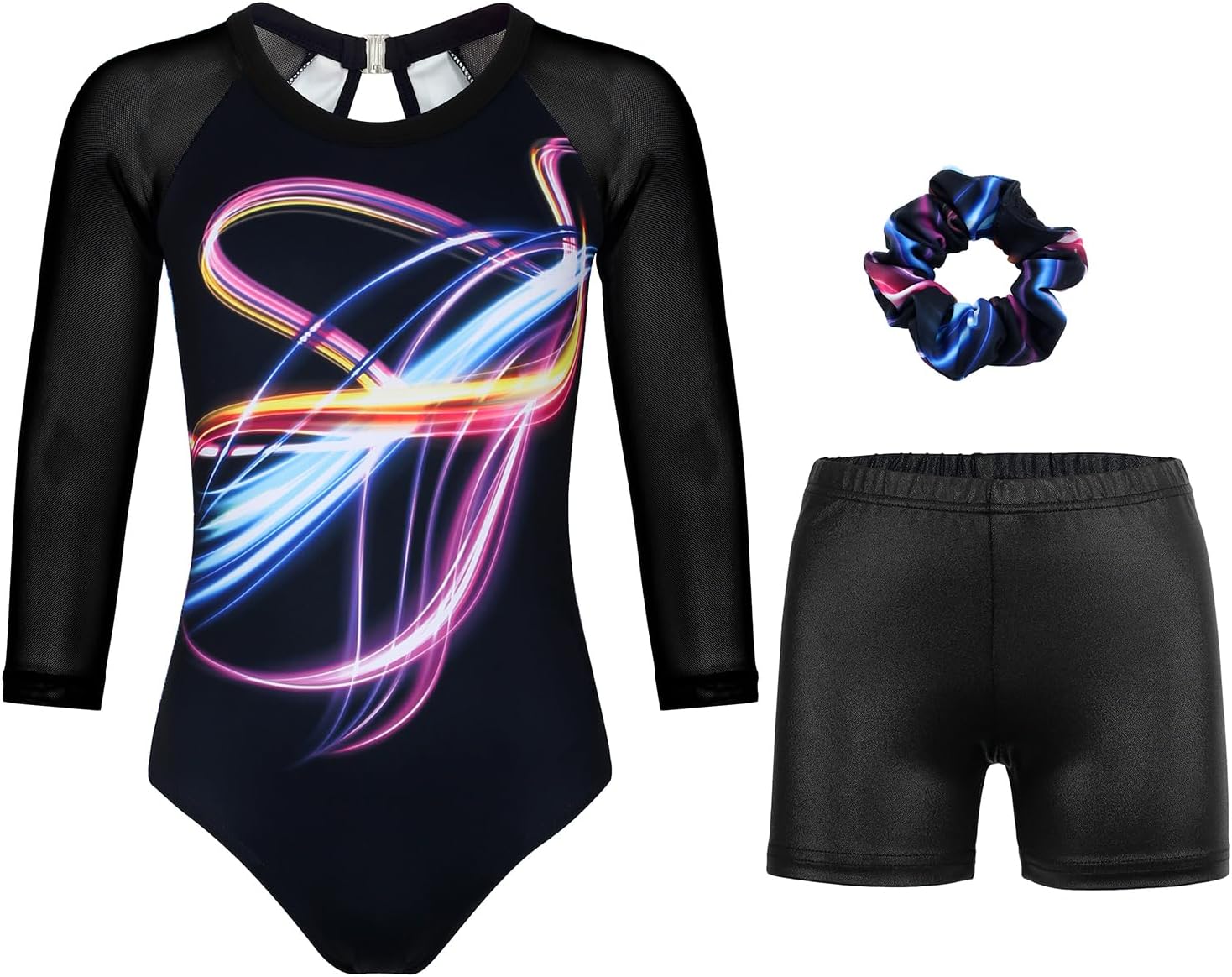 Gymnastics Leotards for Girls With Shorts Sparkly Ballet Dance Long Mesh Sleeve