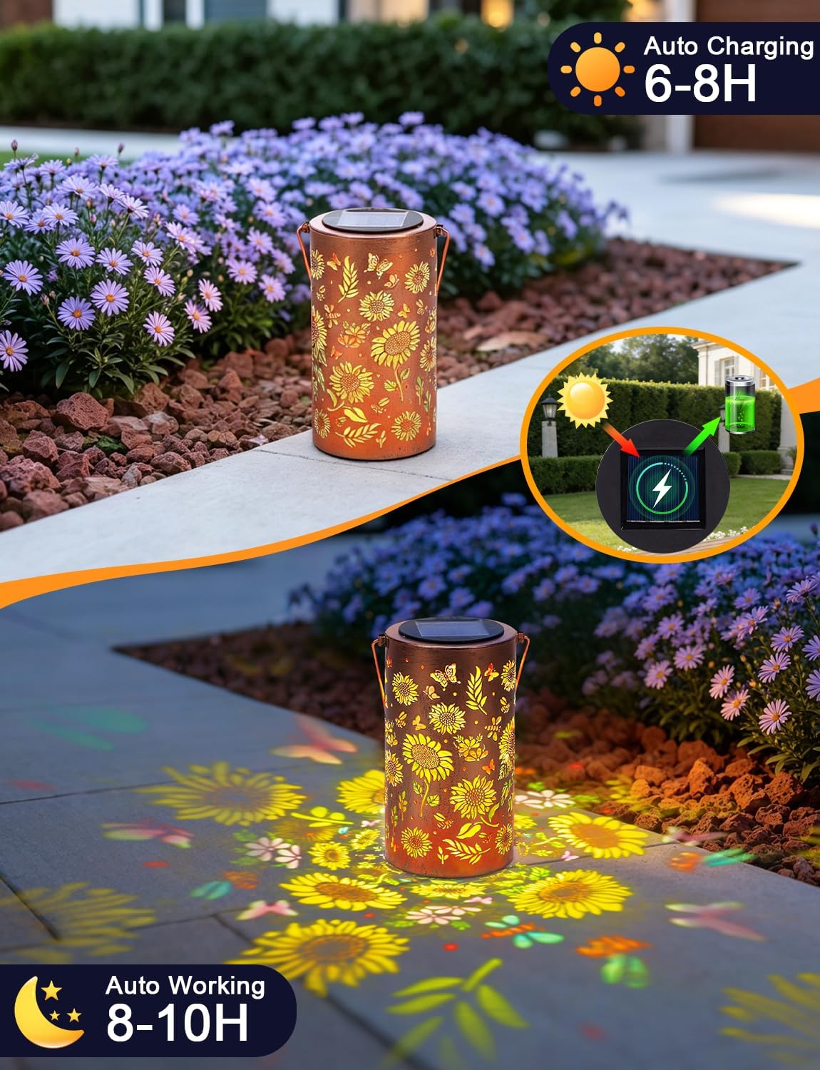 Sunflower Solar Lanterns Outdoor Waterproof, Metal Lantern Garden Lights with Color Projection, Garden Decor Gifts for Mom Women Mother Grandma, Hanging Solar Lights for Yard Porch Patio (Sunflower*2)