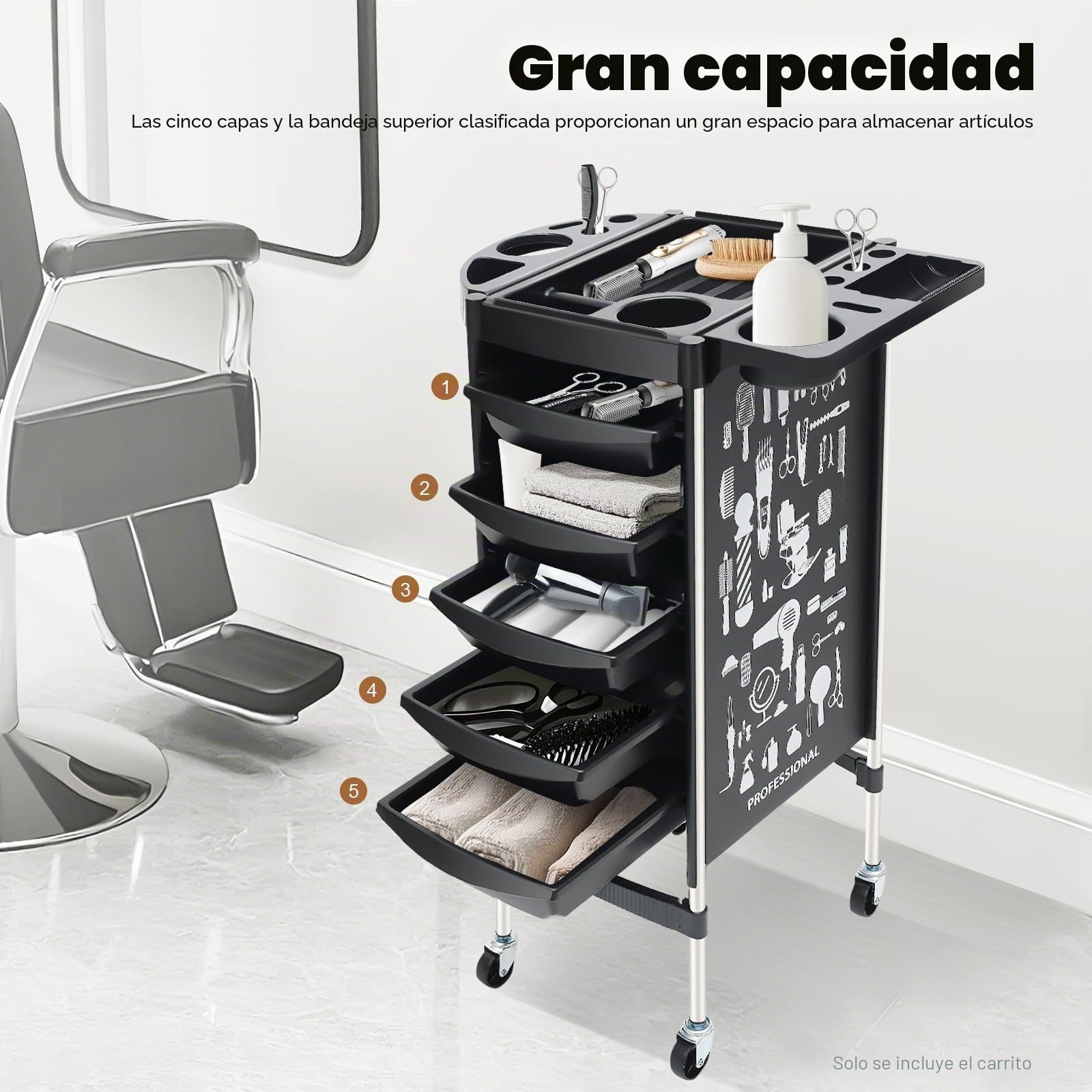 Carrito de peluquería con 5 cajones, accesorio profesional de peluquería, carrito de trabajo con soporte para secador de pelo y cesta colgante, color negro