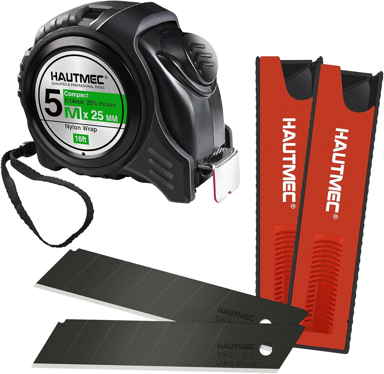 HAUTMEC 20PCS 25mm SK2H Ultra Sharp Snap Off Blades with 5m/16ft Auto-Lock Tape Measure