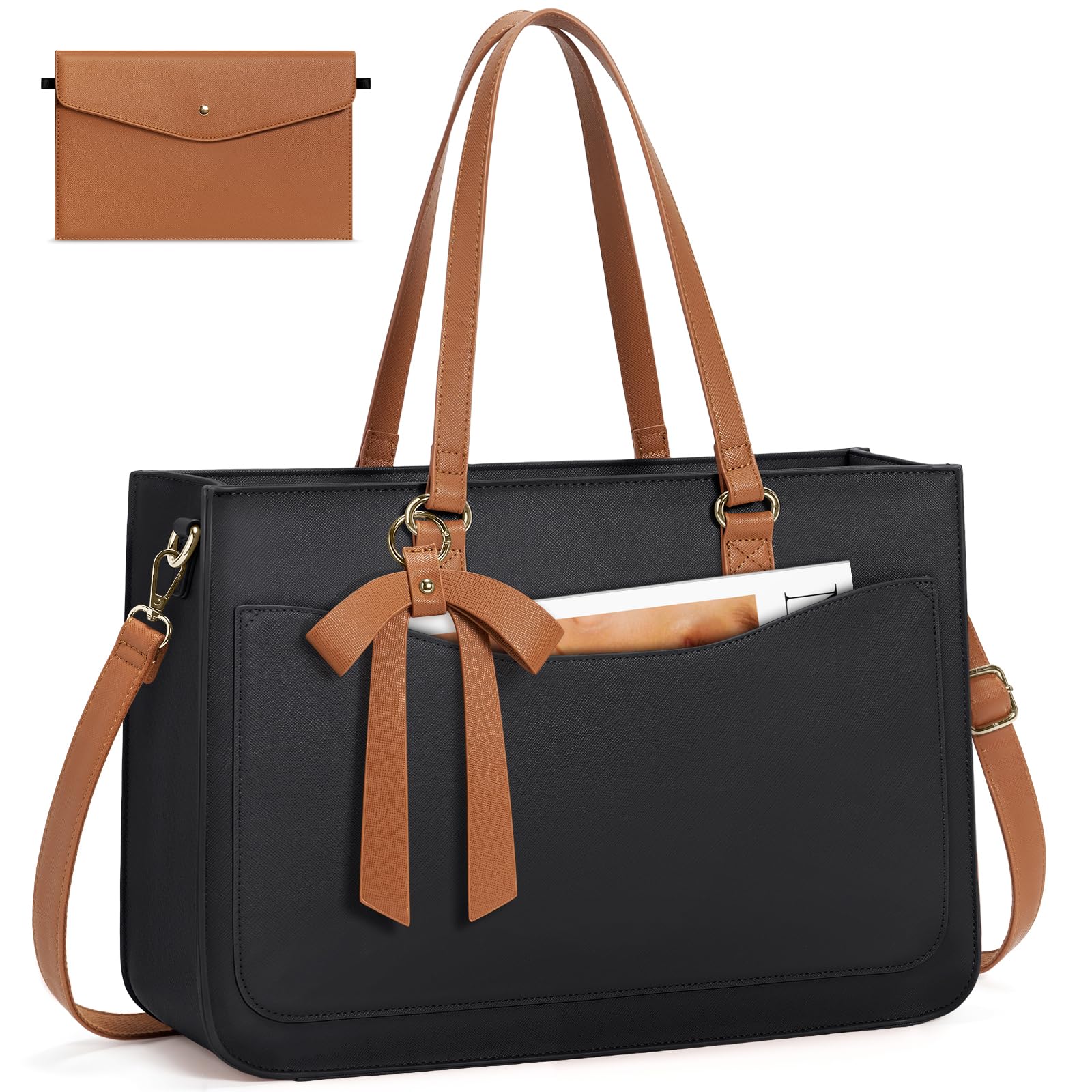 RAINSMORE Laptop Bag for Women 15.6 Inch Work Tote Bags Leather Laptop Tote Waterproof Computer Bag Professional Office Briefcase Large Handbag for College Teacher Travel,Black and Brown