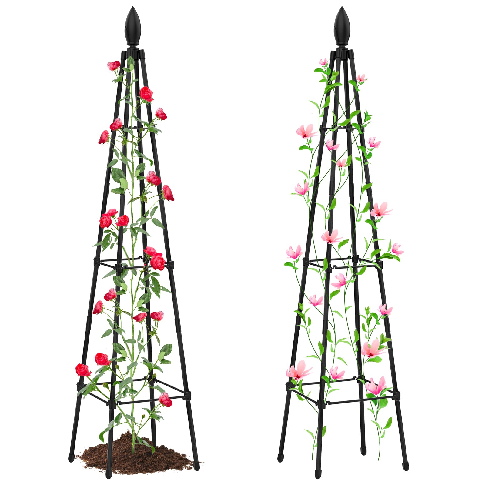 Garden Obelisk Trellis for Potted Climbing Plants Indoor & Outdoor, 47 Inch Plant Support for Vines, Flowers & Vegetable, Rustproof Tower Plant Trellis for Rose Ivy, Black Tomato Cage Trellis, 2 Pack
