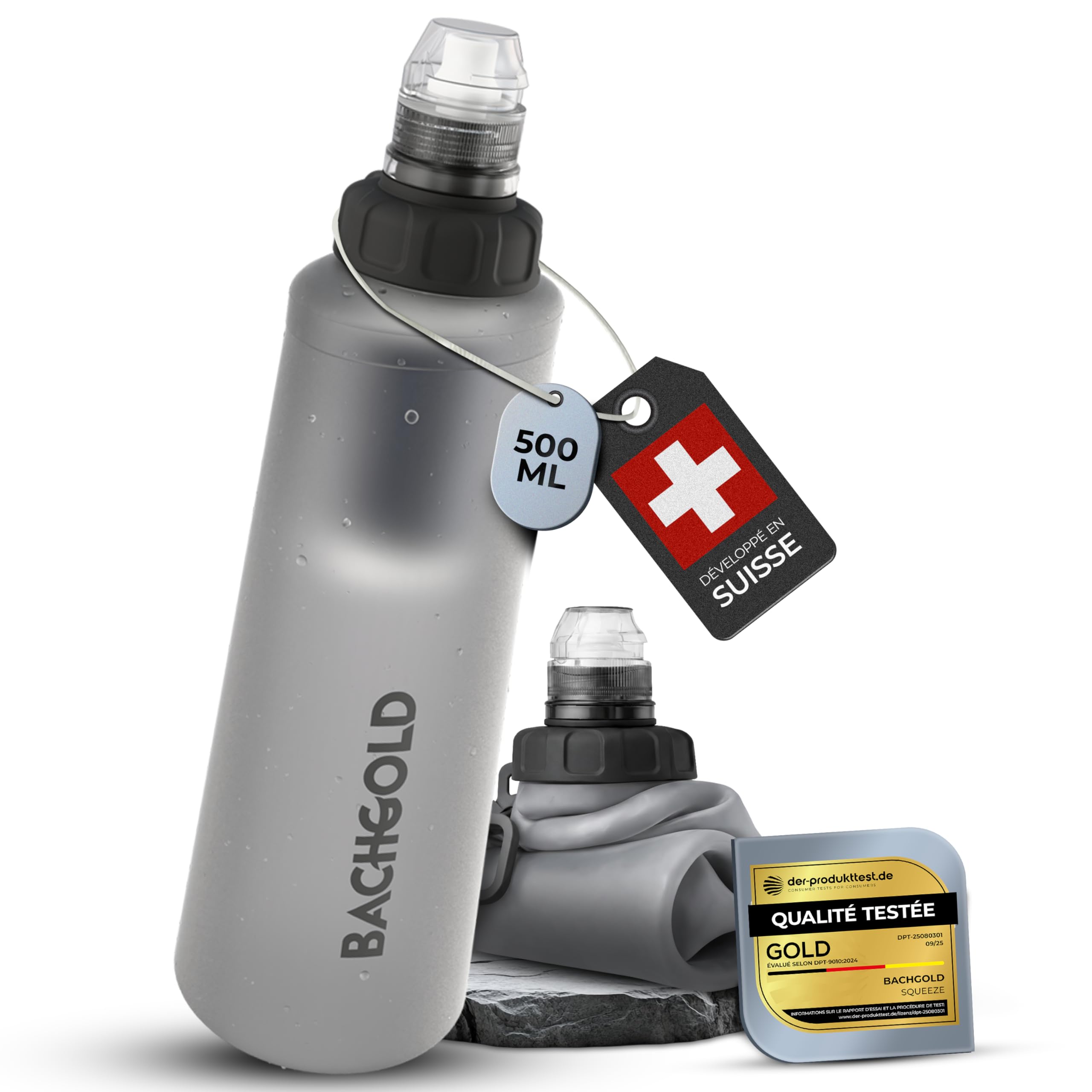 Bachgold Squeeze Gourde Filtrante avec Filtre Anti-Virus, Blanc 500ml | Filtre 99,99% virus, bactéries & microplastiques – 2 étapes : électroadsorption + fibre creuse 0,2 µm – randonnée, survie