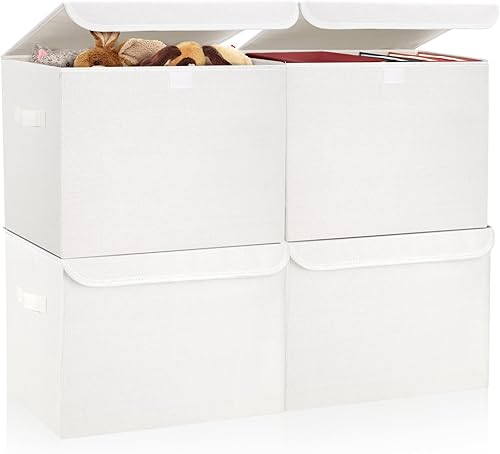 Miniatura 30 de Contenedores de Almacenamiento Plegables Apilables Grandes de 17" 42 Cuartos con Tapas [Paquete de 3] Cajas de Almacenamiento de Tela de Lino Beige
