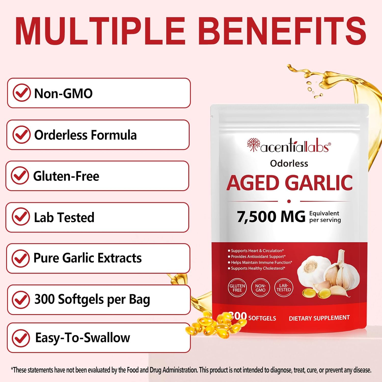 Aged Garlic Extract Capsules - 7500mg Odorless Garlic Supplements Supports Immune Health & Heart Function| 2 Years Matured | 300 Softgels