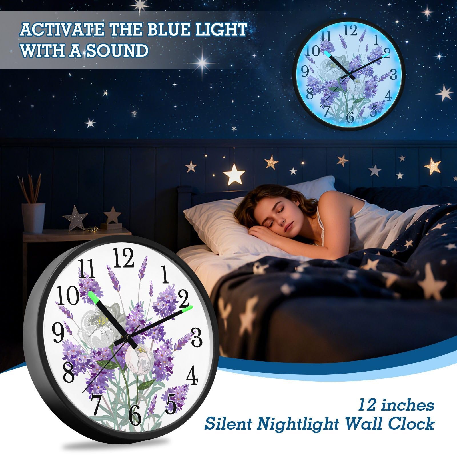 Mnsruu Reloj de pared luminoso, color morado, lavanda, blanco, camelia, reloj de pared que brilla en la oscuridad, funciona con pilas, 12 pulgadas, silencioso, sin tictac, luz nocturna para dormitorio