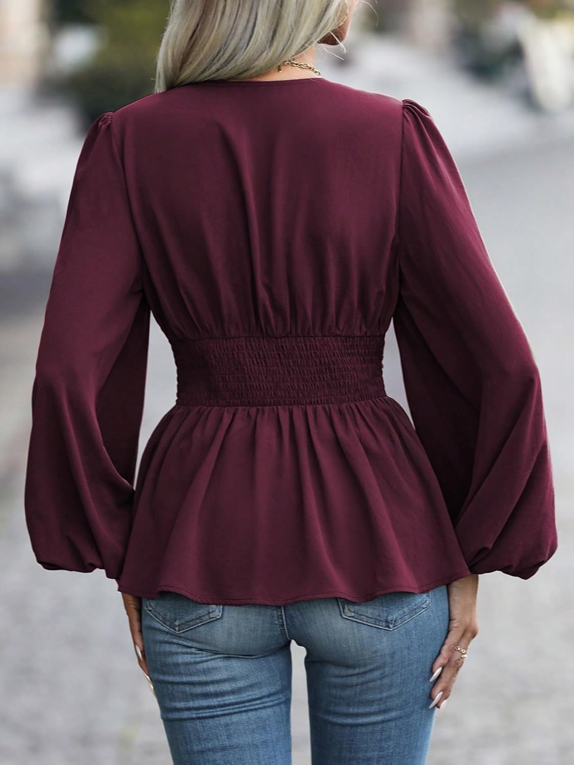 Women's Classic-Fit Shirt Pleated Lantern Sleeve Blouse Top