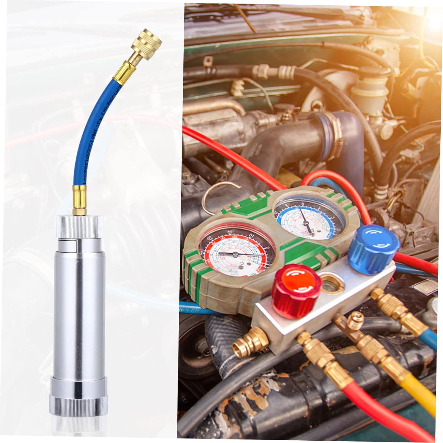 SOLUSTRE Car Air Conditioner Oil and Dye Injector Kit Easy Hand Turn Filler for Automotive Systems