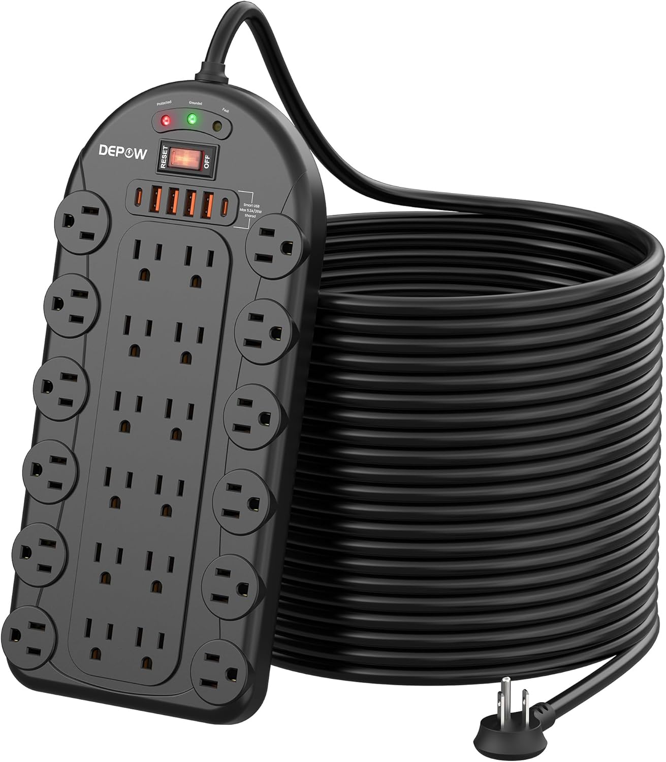 DEPOW 25 Ft Power Strip Surge Protector (3,400 Joules), DEPOW 24 AC Multiple Outlets (1875W/15A) with 6 USBs (2 USB-C Ports), ETL Listed, Heavy Duty Long Extension Cord for Home, Office, Black